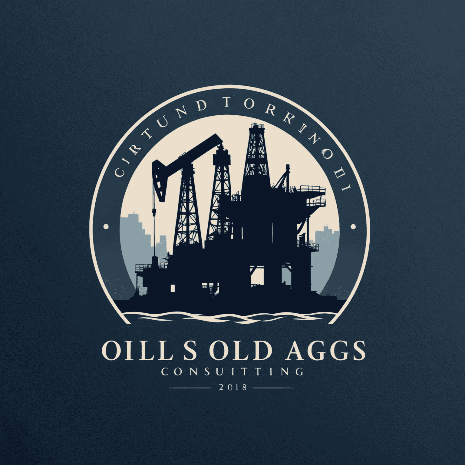 Oil and Gas Consulting firm logo featuring an oil rig silhouette and a sleek, modern typeface in deep navy blue