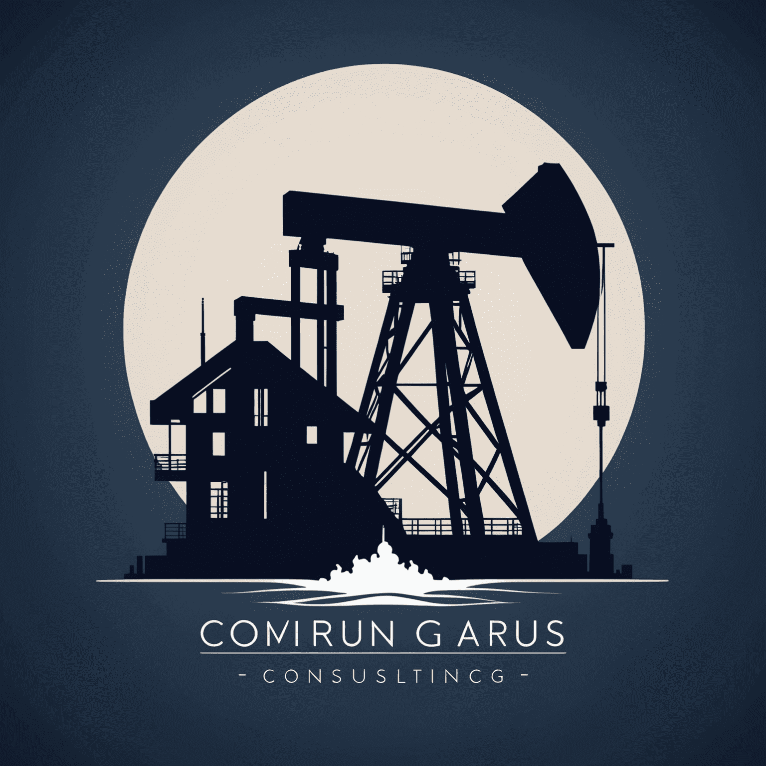 Oil and Gas Consulting firm logo featuring an oil rig silhouette and a sleek, modern typeface in deep navy blue