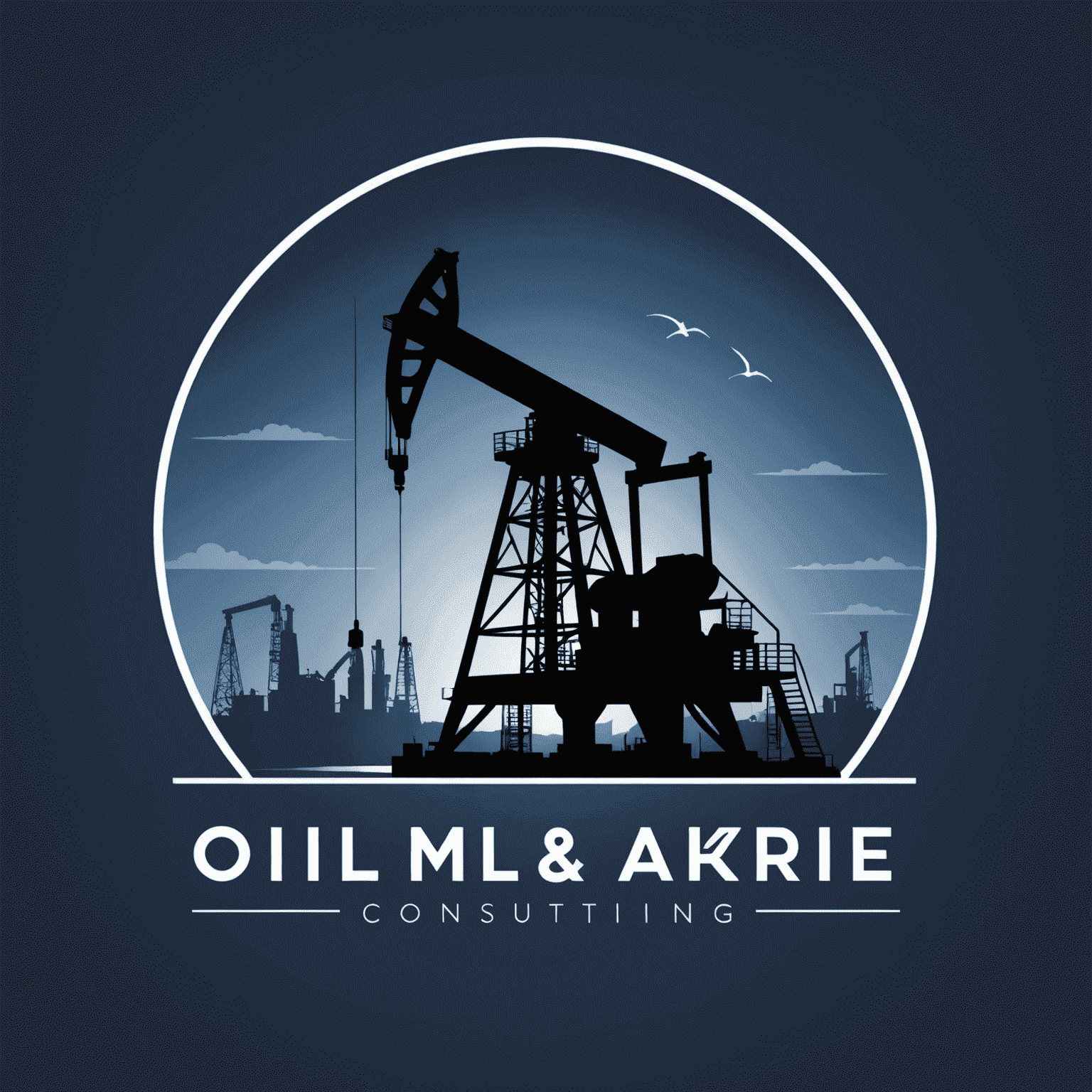 Oil and Gas Consulting firm logo featuring an oil rig silhouette and a sleek, modern typeface in deep navy blue