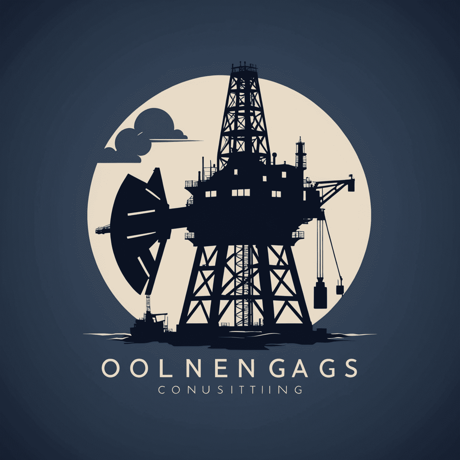 Oil and Gas Consulting firm logo featuring an oil rig silhouette and a sleek, modern typeface in deep navy blue