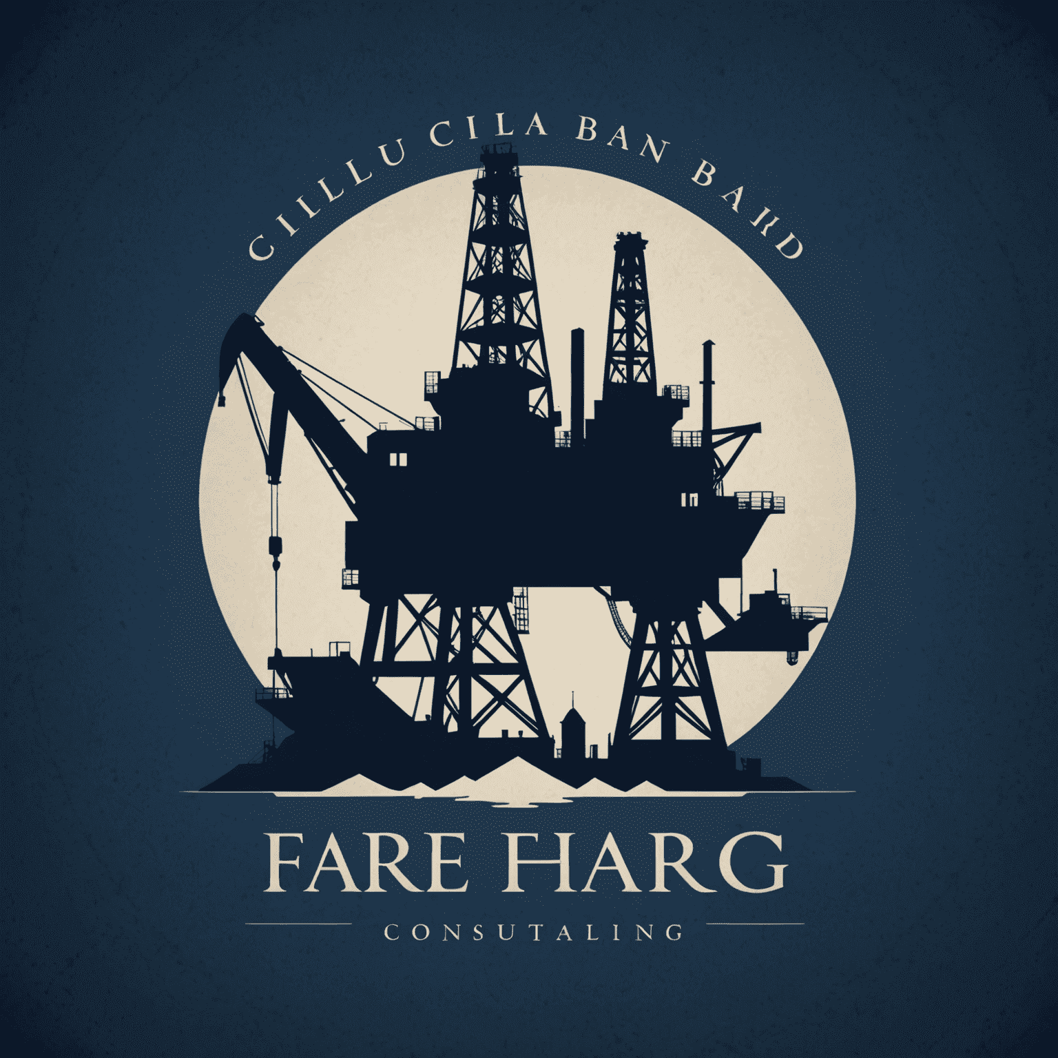 Oil and Gas Consulting firm logo featuring an oil rig silhouette and a sleek, modern typeface in deep navy blue