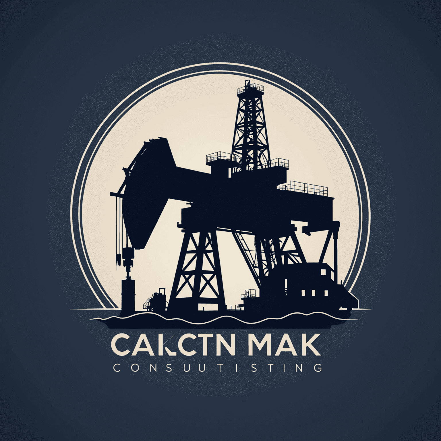 Oil and Gas Consulting firm logo featuring an oil rig silhouette and a sleek, modern typeface in deep navy blue