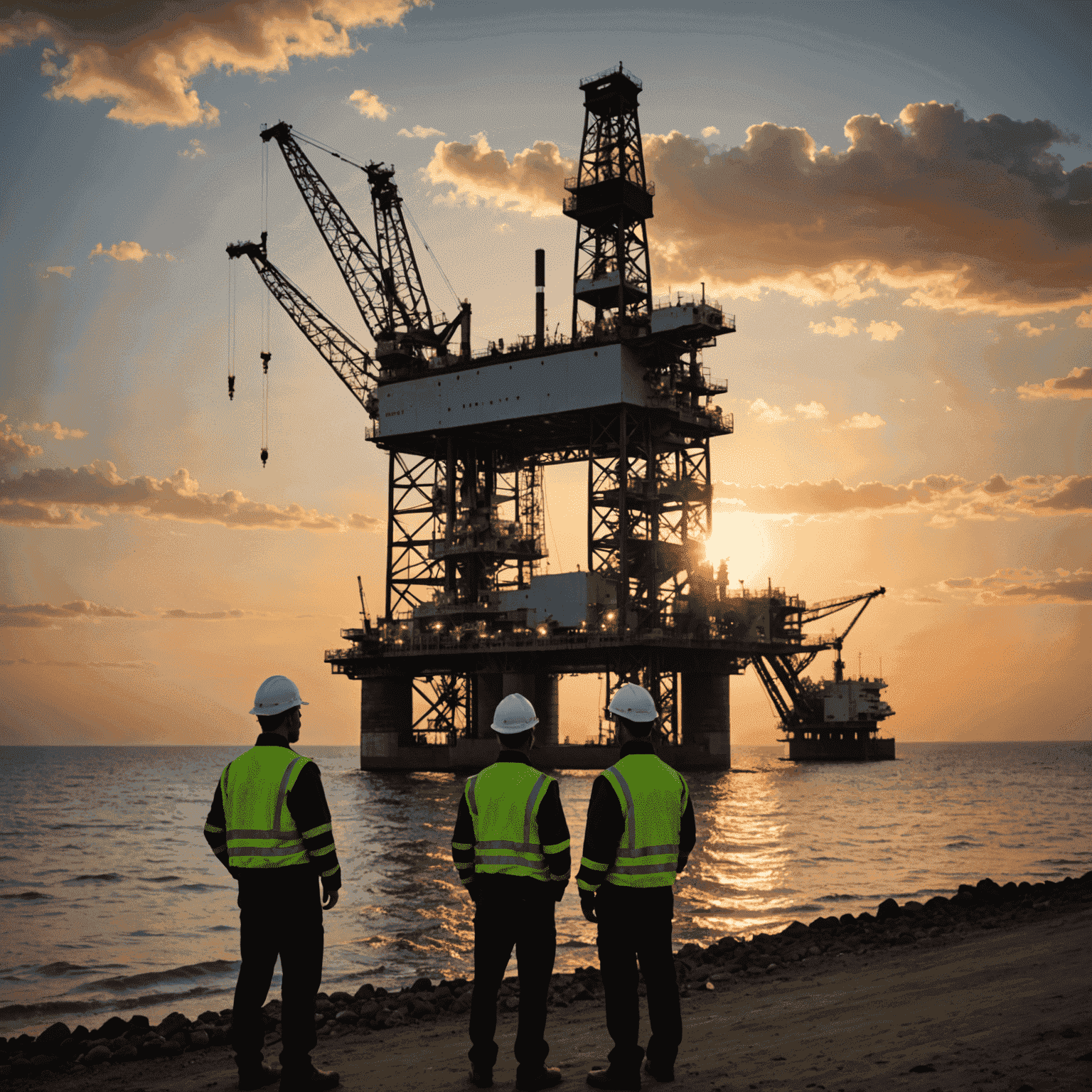 Oil rig at sunset with engineers reviewing plans, symbolizing the collaboration between consultants and field operations in the oil and gas sector