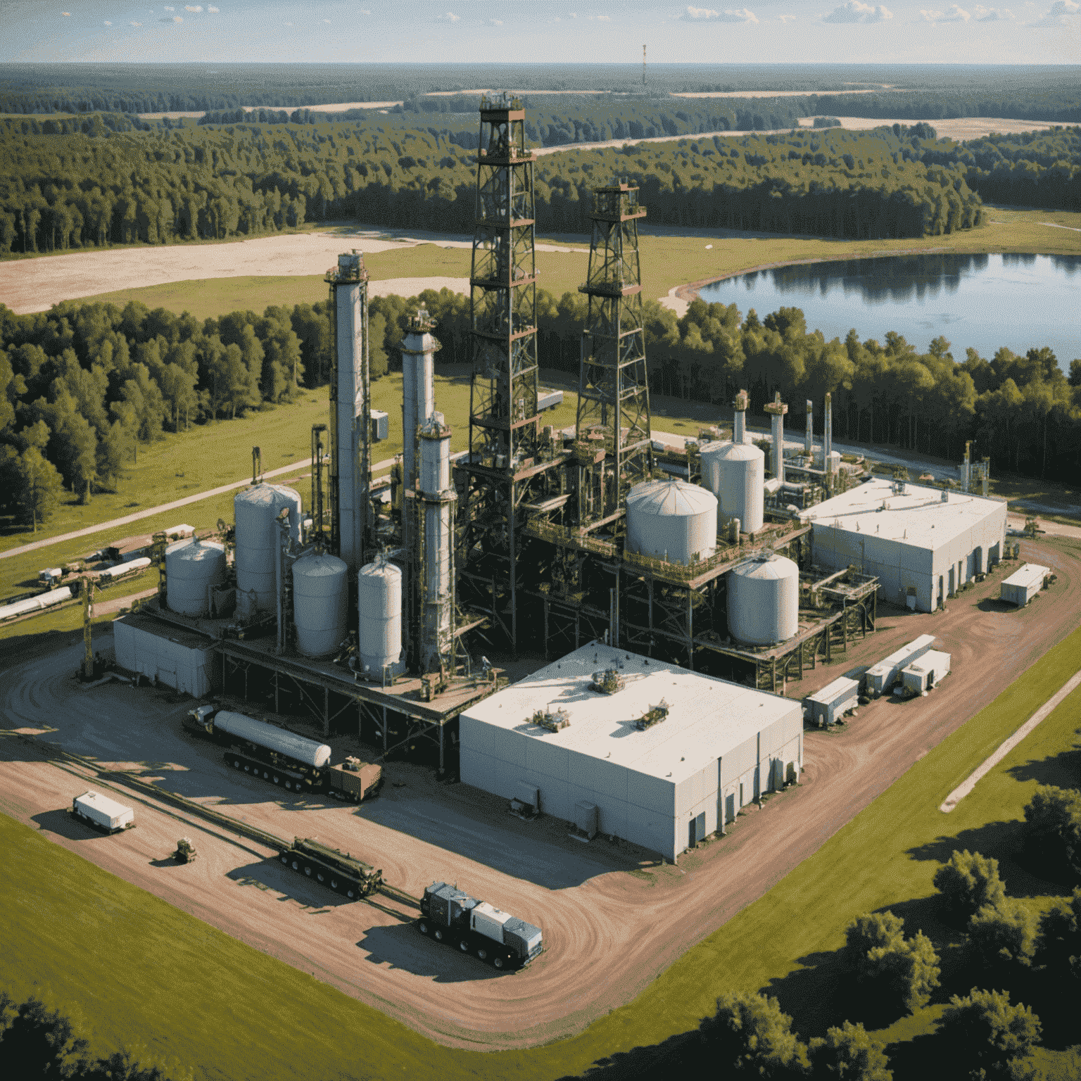 Advanced natural gas extraction facility with modern drilling equipment and environmental safeguards in place