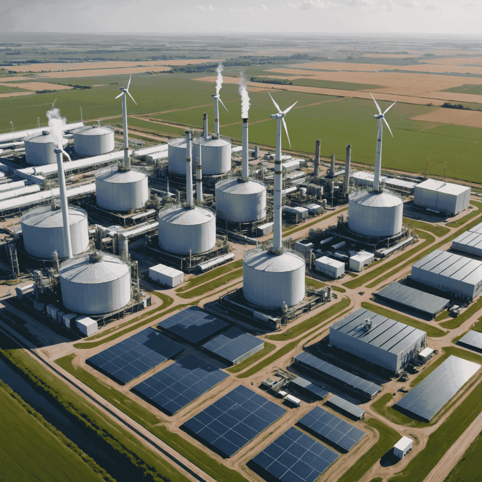 Aerial view of an oil refinery with solar panels and wind turbines integrated into the facility, showcasing sustainable practices in the oil and gas sector