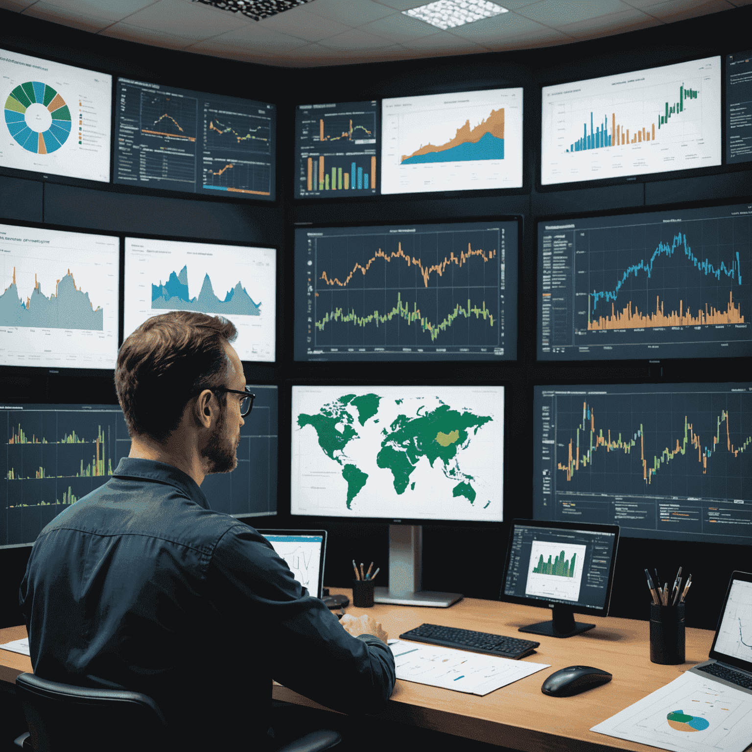 Reservoir engineer analyzing 3D model of an oil reservoir on a large screen, surrounded by complex geological charts and data visualizations