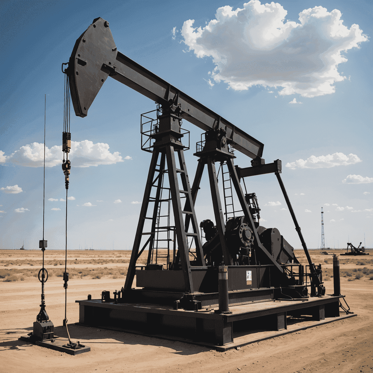 Advanced artificial lift system in an oil field, showing a modern pump jack with digital monitoring equipment