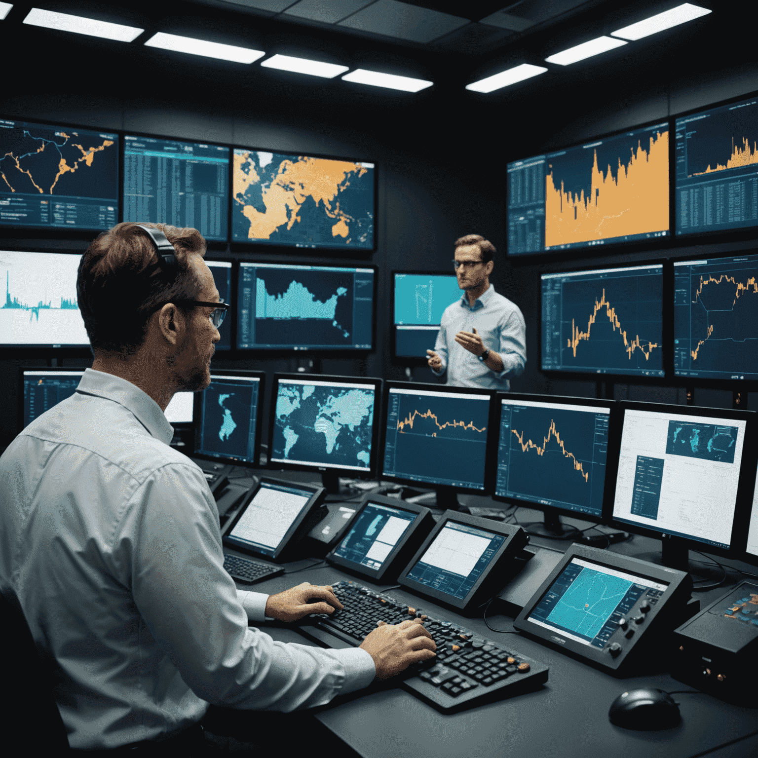 Team of reservoir engineers collaborating in a high-tech control room, analyzing real-time data from multiple oil fields displayed on large screens