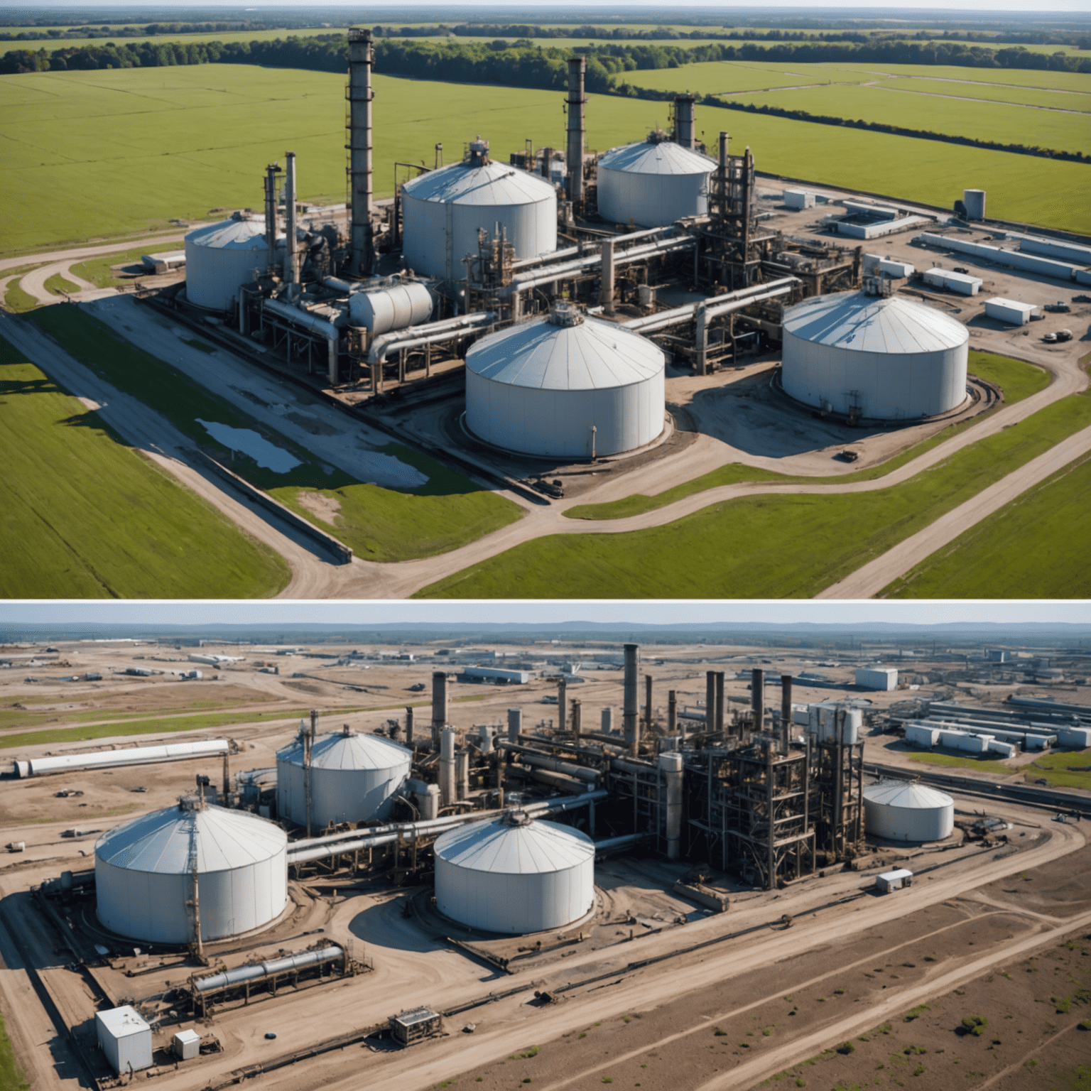 Before and after images of an oil production facility showing significant reduction in environmental impact