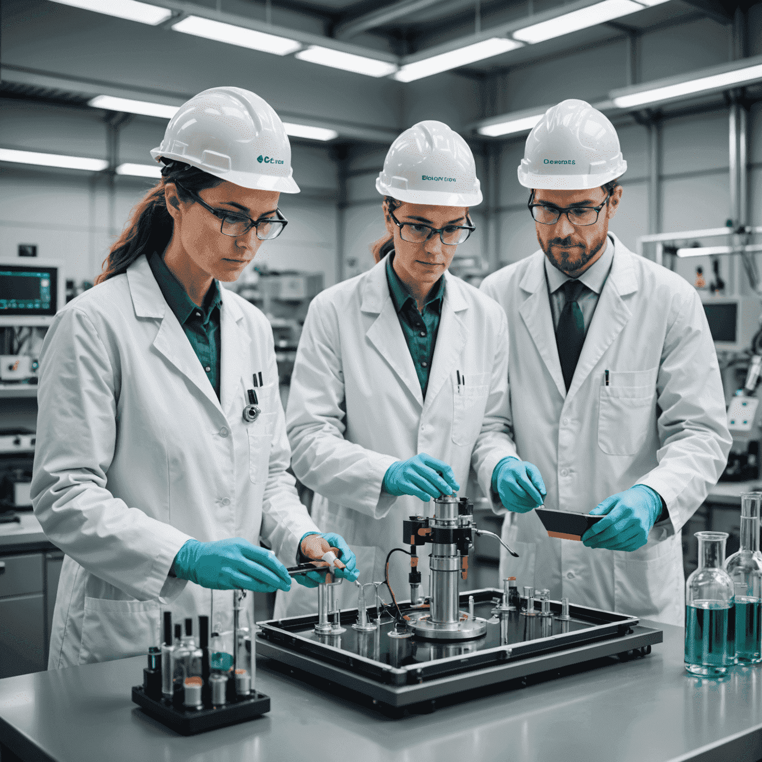 Scientists in a modern laboratory conducting research on clean energy technologies, representing the oil and gas sector's investment in sustainable solutions