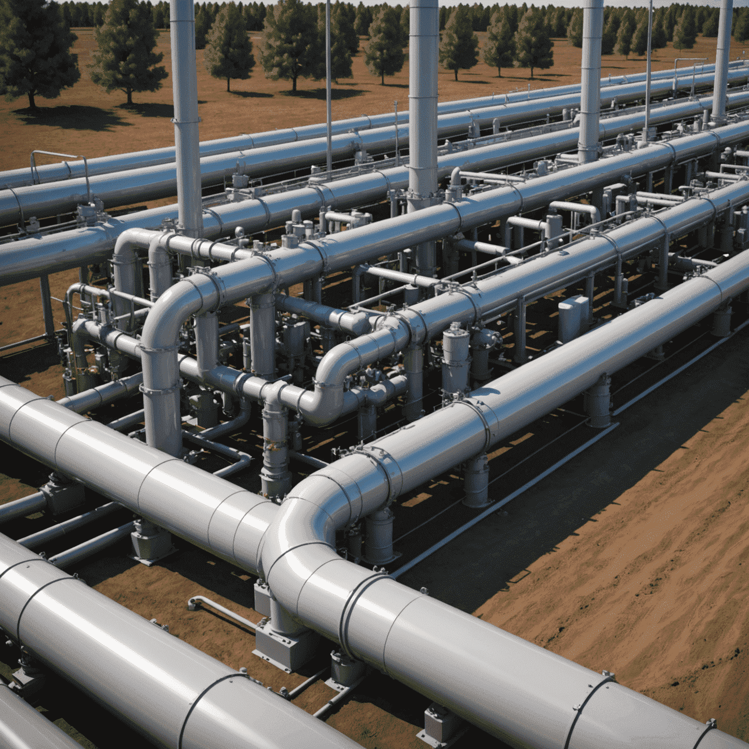 3D model of a pipeline system with flow simulation overlay, showing pressure and temperature gradients