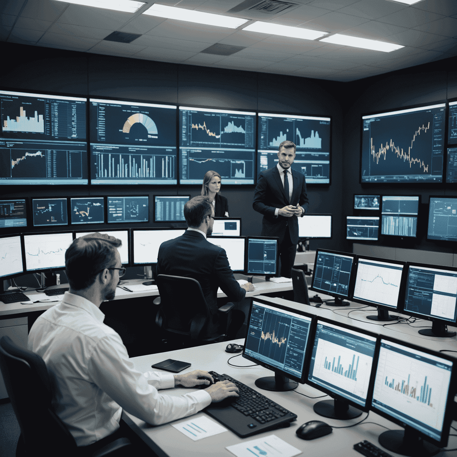 Team of oil and gas consultants analyzing production data on large screens in a modern control room