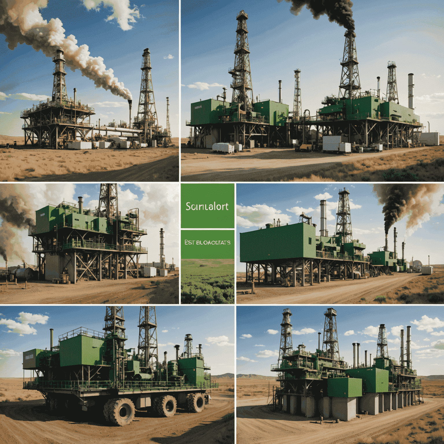 Montage of environmentally friendly oil and gas operations, featuring green technology, emission control systems, and natural habitat preservation